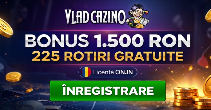 Vlad Casino cu mesaj despre bonusul de bun venit 100% până la 1.500 RON și 225 rotiri gratuite
